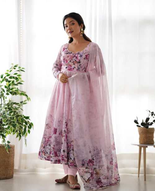 Pink Organza Silk Printed Anarkali Suit