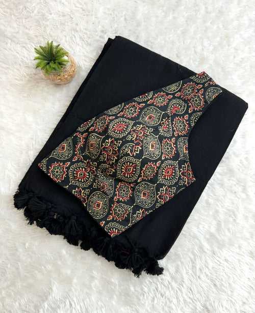 Black Cotton Khadi Tassels Saree