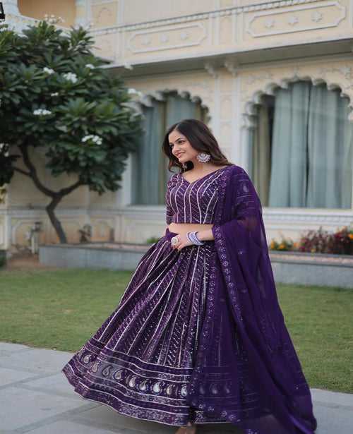 Dark Violet Blooming Embroidery Work Lehnga