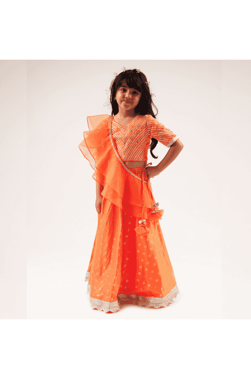 Orange Gota Patti Embroidered Top With Lehenga And Dupatta Set