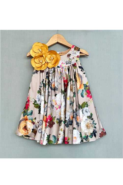 Beige Floral Dress with 3D Handmade flowers