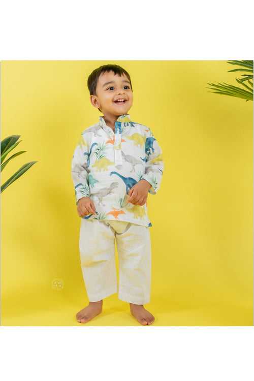 White Digitial Printed Dinasour kurta With Pajama Set