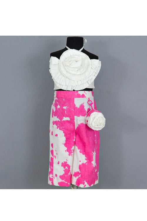 White Big Flower Detailing Tie Knot Top With Tie And Dye Printed Pant Set