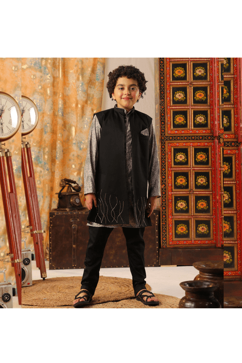 Black Zardosi Detailing Italian Cotton Kurta And Churidar With Jacket Set
