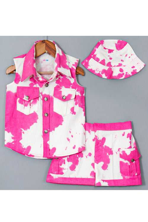 Pink And White Tie And Dye Printed Cotton Shirt And Short Set