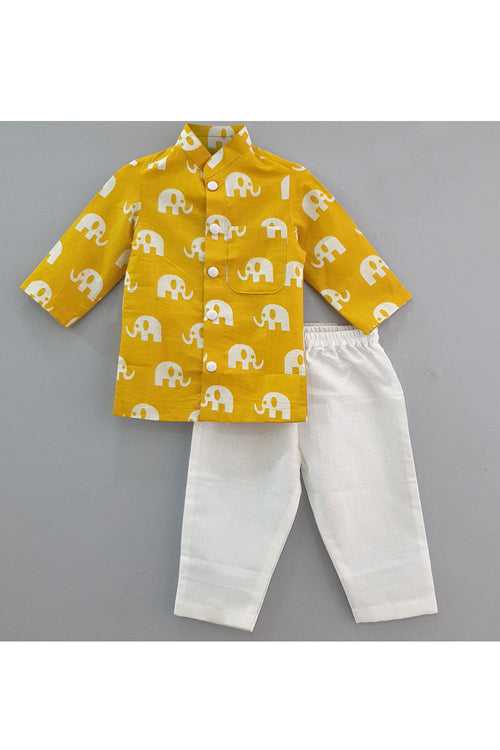 Mustard elephant printed kurta and white pyjama