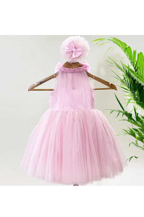 Pink Beads Embellished Halter Neck Net Dress