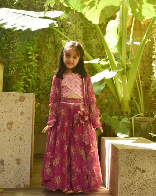 Pink Cotton Top With Printed Sharara And Cape Set