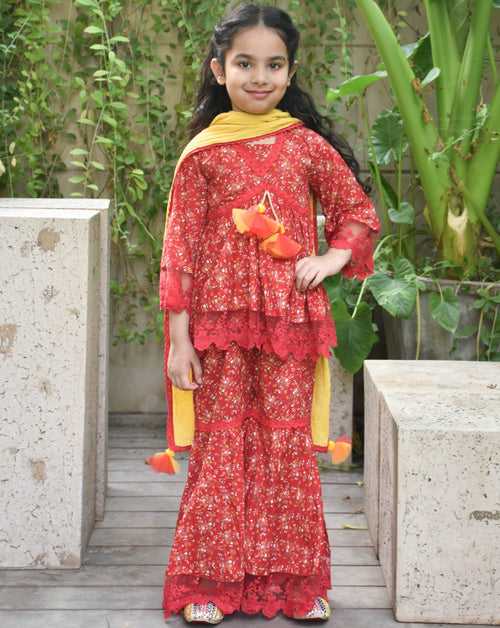 Red Cotton Printed Sharara With Dupatta Set