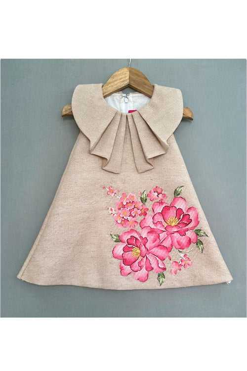 Beige Jute Linen Dress with Floral Applique