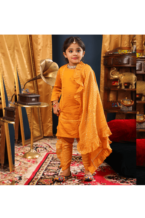 Mustard Yellow Gota Motifs Embellished Kurta With Dhoti Styled Pants Set