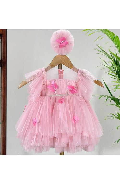 Pink Butterflies And Flowers Embellished Net Dress
