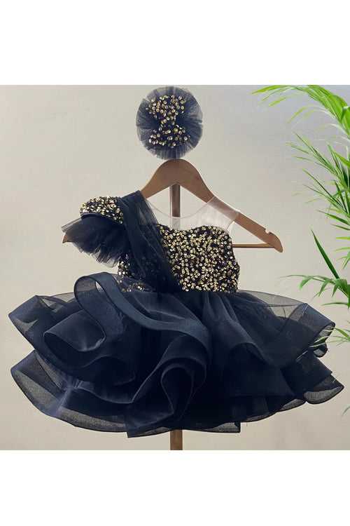 Black Sequins Embellished Sleeveless Net Dress