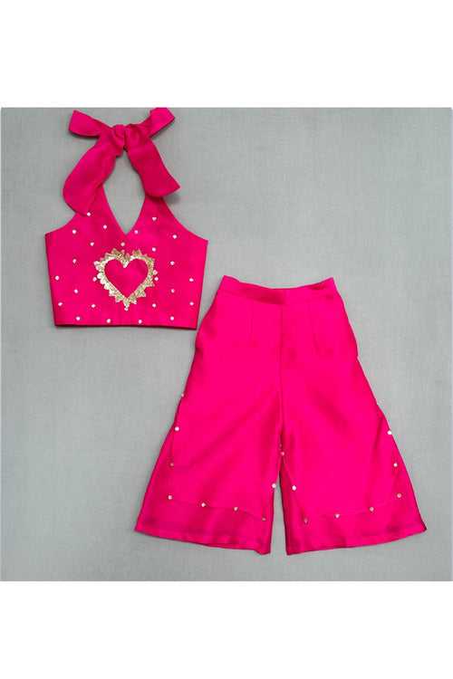 Pink Halter Neck With Heart Sequin Embroidery Palazzo Set