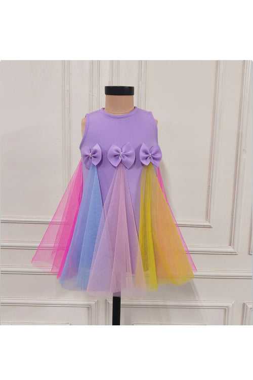 Lilac With Multicolour Net Sleeveless Dress