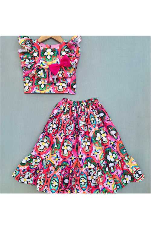 Multicolor Abstract Printed Cotton Top And Skirt Set