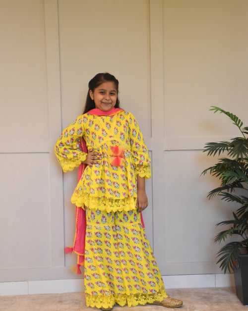 Yellow Printed Cotton Kurti Sharara With Dupatta Set