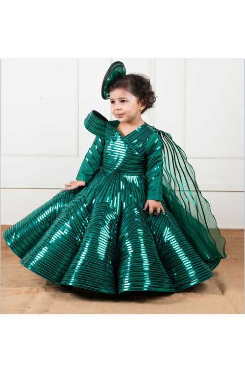 Green Silk Organza Mettalic Lace Gown With Hair Accessory