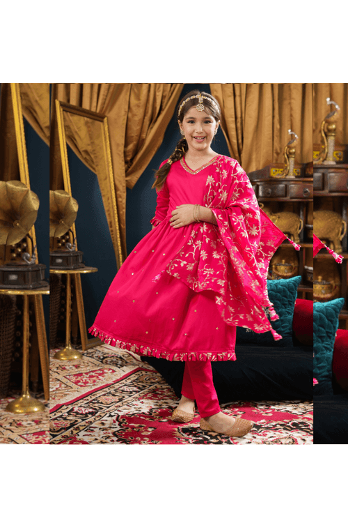 Rani Pink Gota Detailing A-Line Anarkali Kurta Set