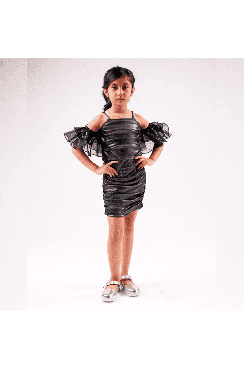 Black Shimmer With Barbie Printed Organza Sleeves Knee Length Dress