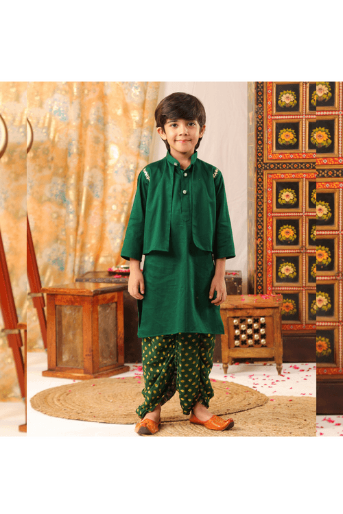 Bottle Green Pitten Handwork Kurta And Dhoti With Attached Jacket Set