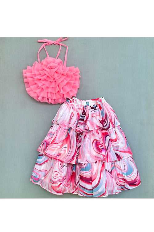 Multicolor Pink Halter Neck Ruffles top with Printed layers Skirt