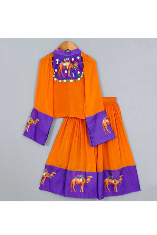 Orange And Purple Camel Printed Top With Attached Dupatta And Palazzo Set