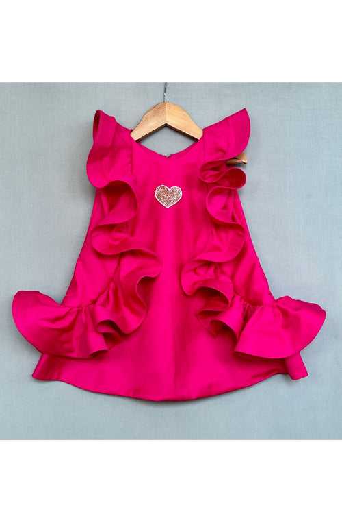 Pink Ruffle Heart Embroidered Dress