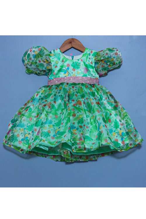Green Floral Printed And Sequins Belt Detailing Organza Dress