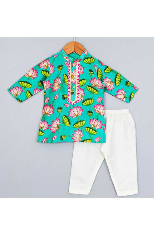 Aqua Lotus Printed Silk Kurta With Pyjama Set