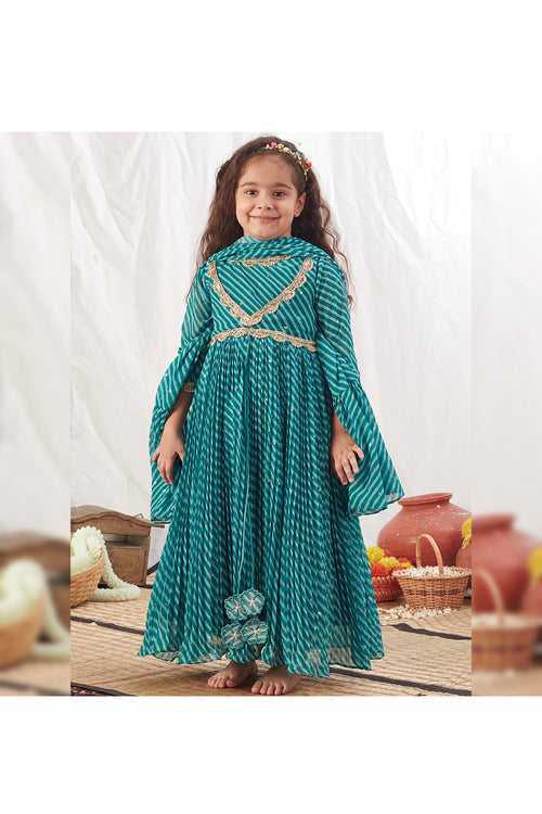 Turquoise Leheriya Printed Angrakha Style Long Dress