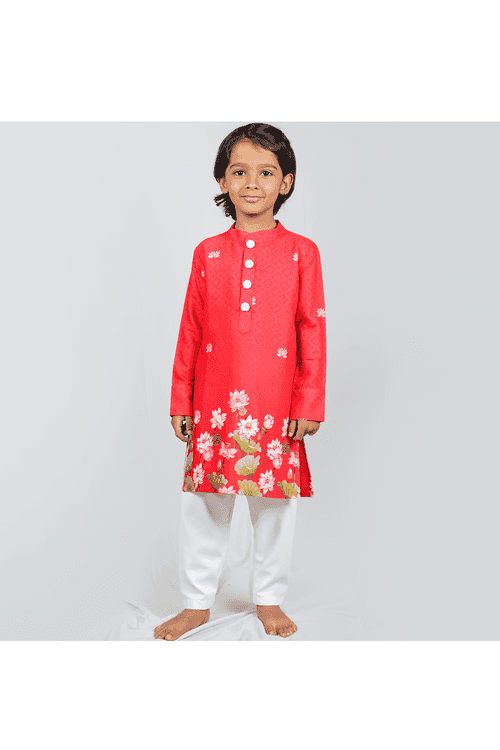 Red lotus printed kurta with pyjama