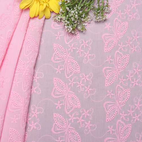 Pink Butterfly Embroidered Premium Cotton Fabric