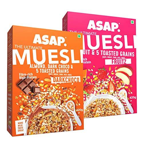 ASAP Wholegrain High Protein Breakfast Muesli with flavour of Fruitz, Oats & White Chocolate  + Dark Chocolate, Almond | Omega-3 & Fibre Rich | 420g - Pack of 2