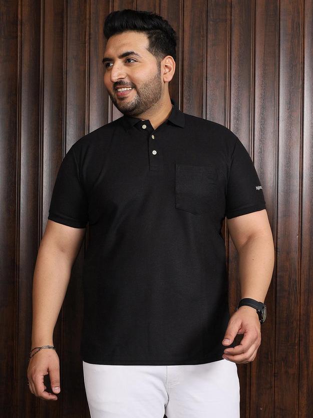 Men Plus Size Bibs-Black Solid Polo Tshirt