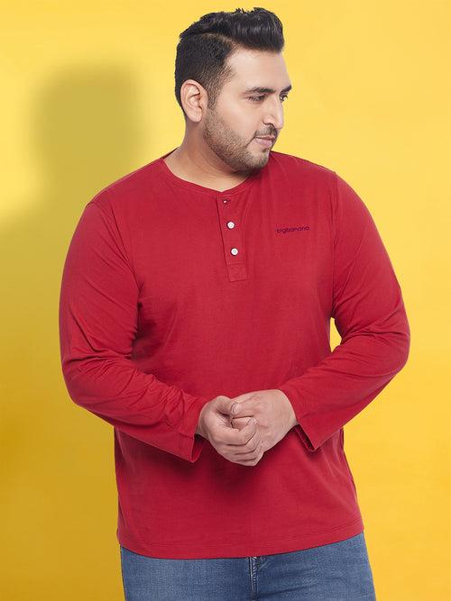 Men Plus Size But-Red Solid Henley Tshirt