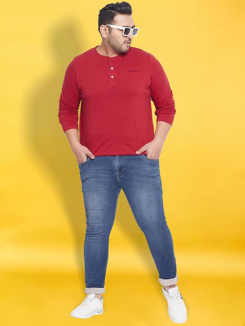 Men Plus Size But-Red Solid Henley Tshirt