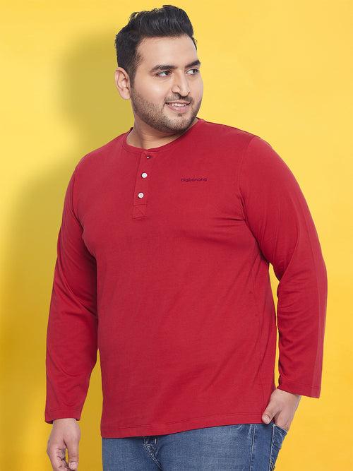 Men Plus Size But-Red Solid Henley Tshirt