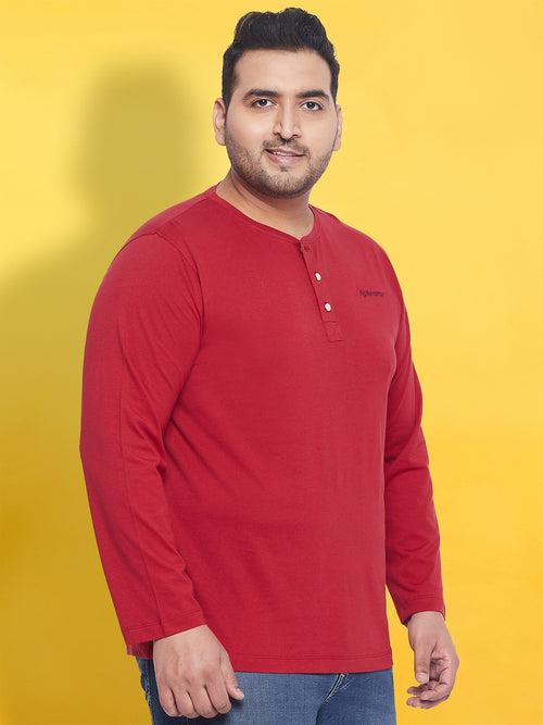 Men Plus Size But-Red Solid Henley Tshirt