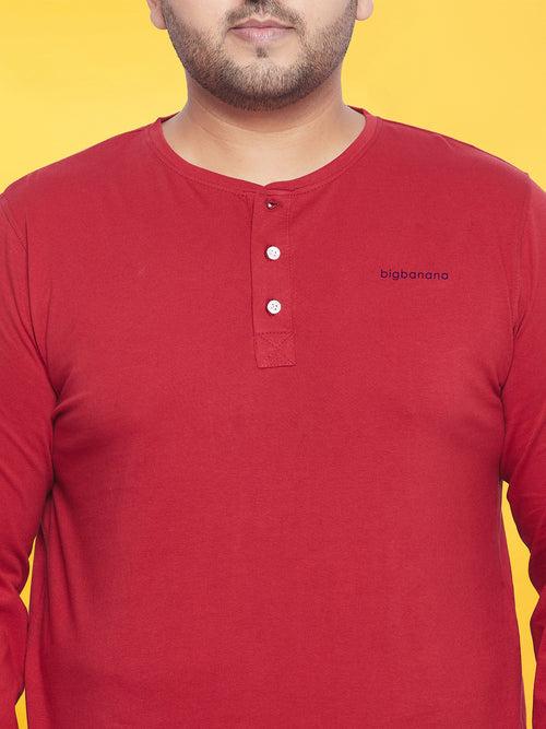 Men Plus Size But-Red Solid Henley Tshirt