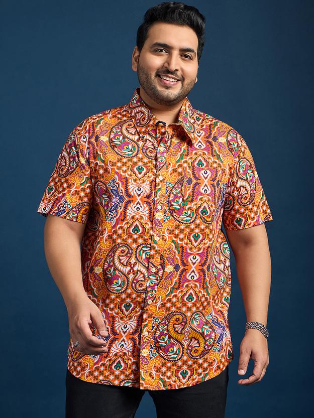 Men Plus Size Denn Self-Design Printed Orange Shirt