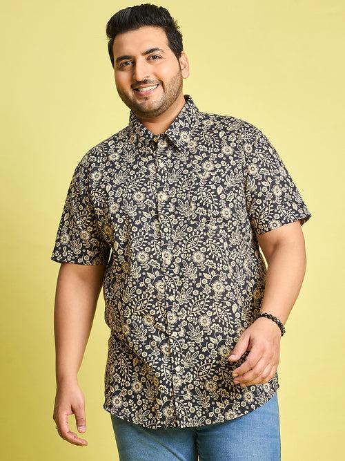 Men Plus Size Hebrew Cream Floral Print Black shirt