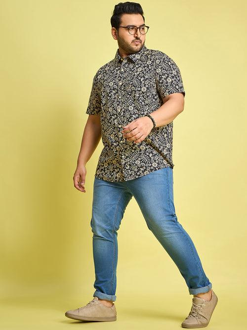 Men Plus Size Hebrew Cream Floral Print Black shirt