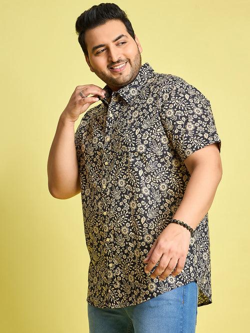 Men Plus Size Hebrew Cream Floral Print Black shirt