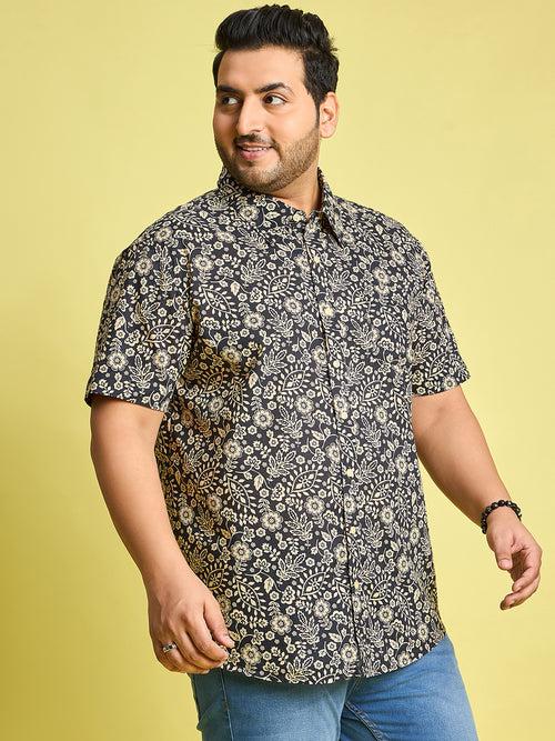 Men Plus Size Hebrew Cream Floral Print Black shirt