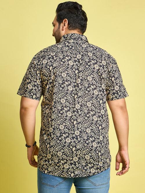 Men Plus Size Hebrew Cream Floral Print Black shirt