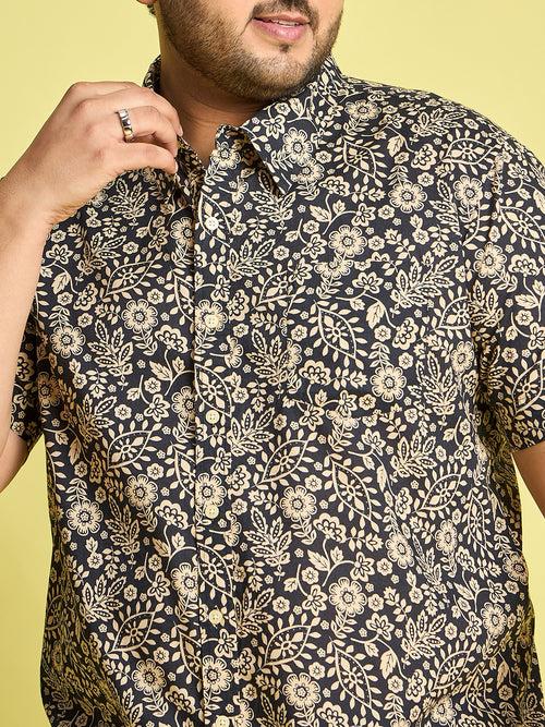 Men Plus Size Hebrew Cream Floral Print Black shirt