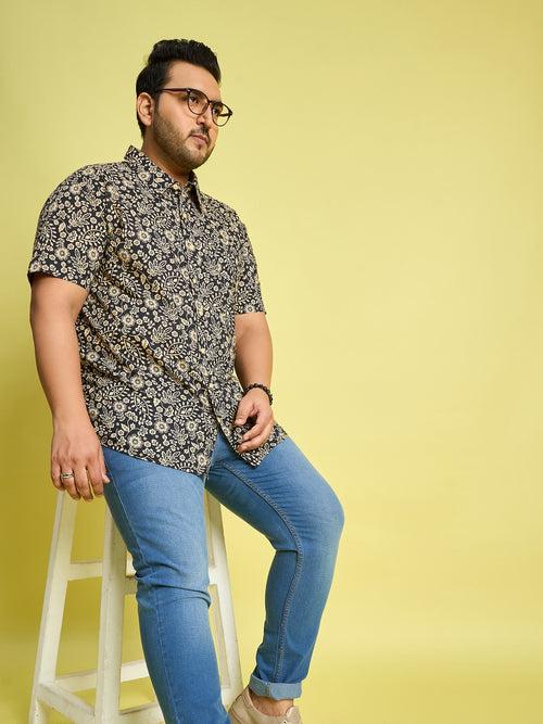 Men Plus Size Hebrew Cream Floral Print Black shirt