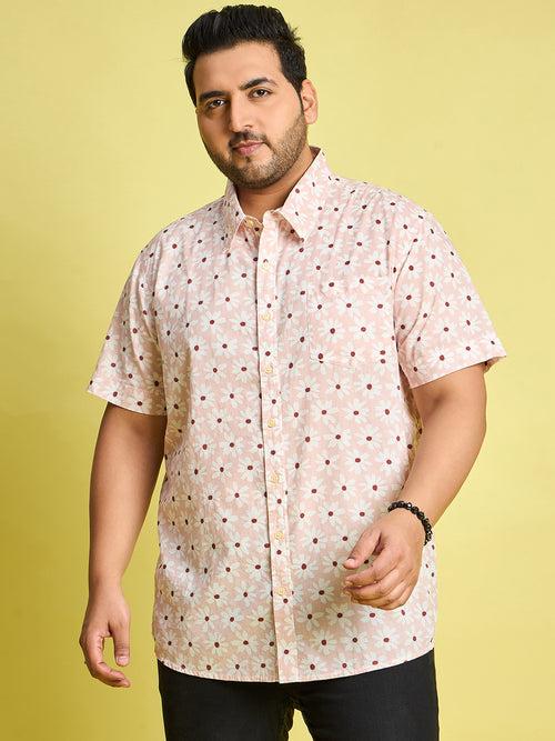 Men Plus Size Jotham White Floral Print Peach Color Shirt