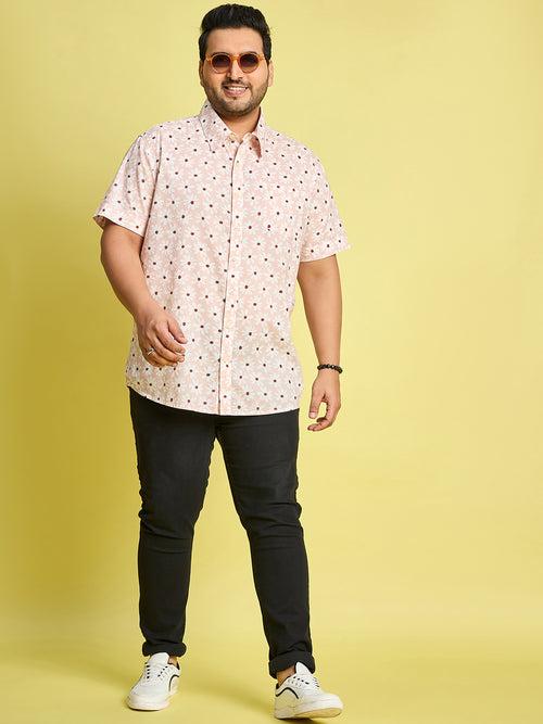 Men Plus Size Jotham White Floral Print Peach Color Shirt